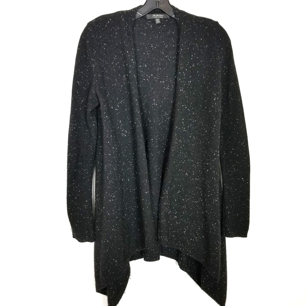 Saks Fifth Avenue 100% Cashmere Cascade Open Front Cardigan Sz XS Black Speck